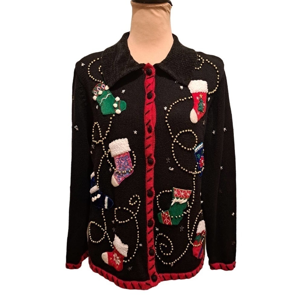 Basic Editions Holiday/Christmas Stockings Cardigan Sweater Size M